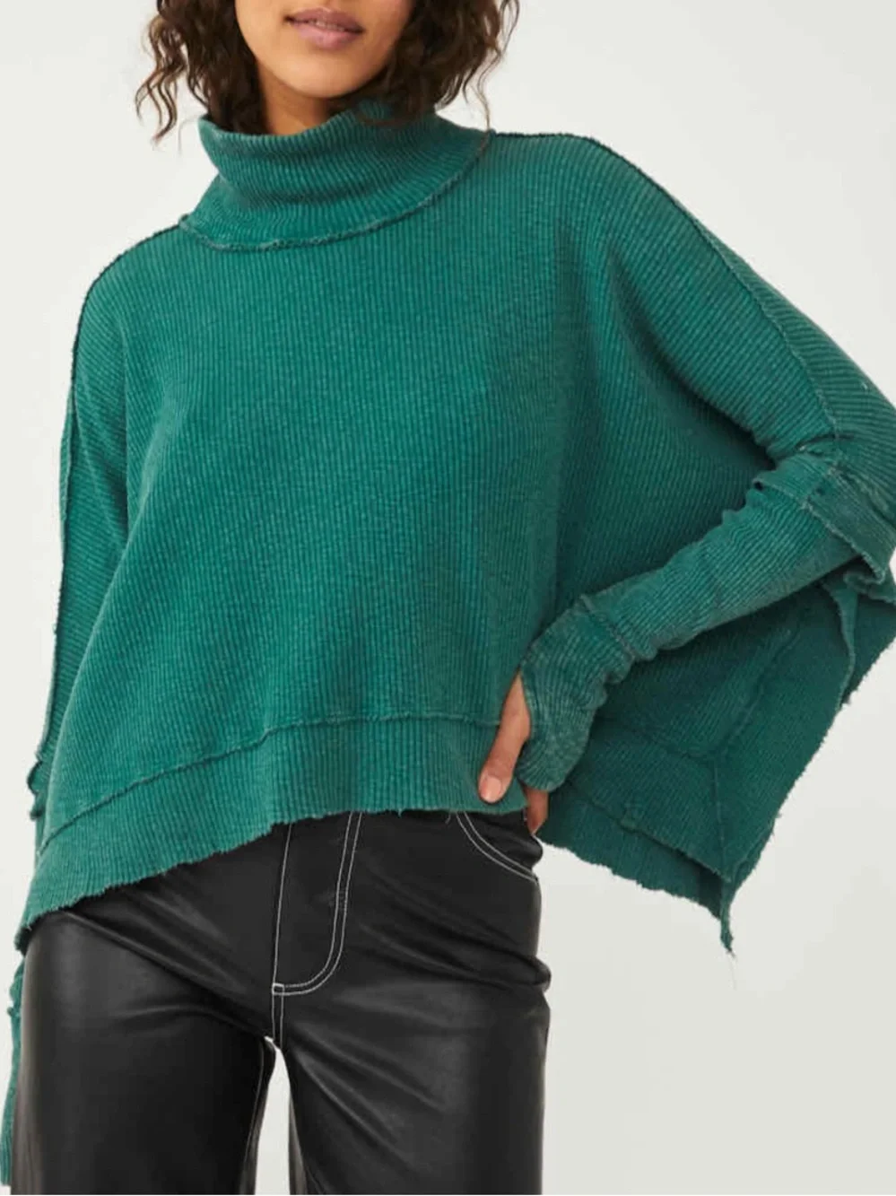 Free People Moon Daisy Thermal Long Sleeve Oversized Top in Green Size Large